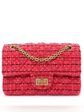 Chanel Tweed Quilted Mini 2.55 Reissue Flap Red Pink Slight Shine Bag In EUC